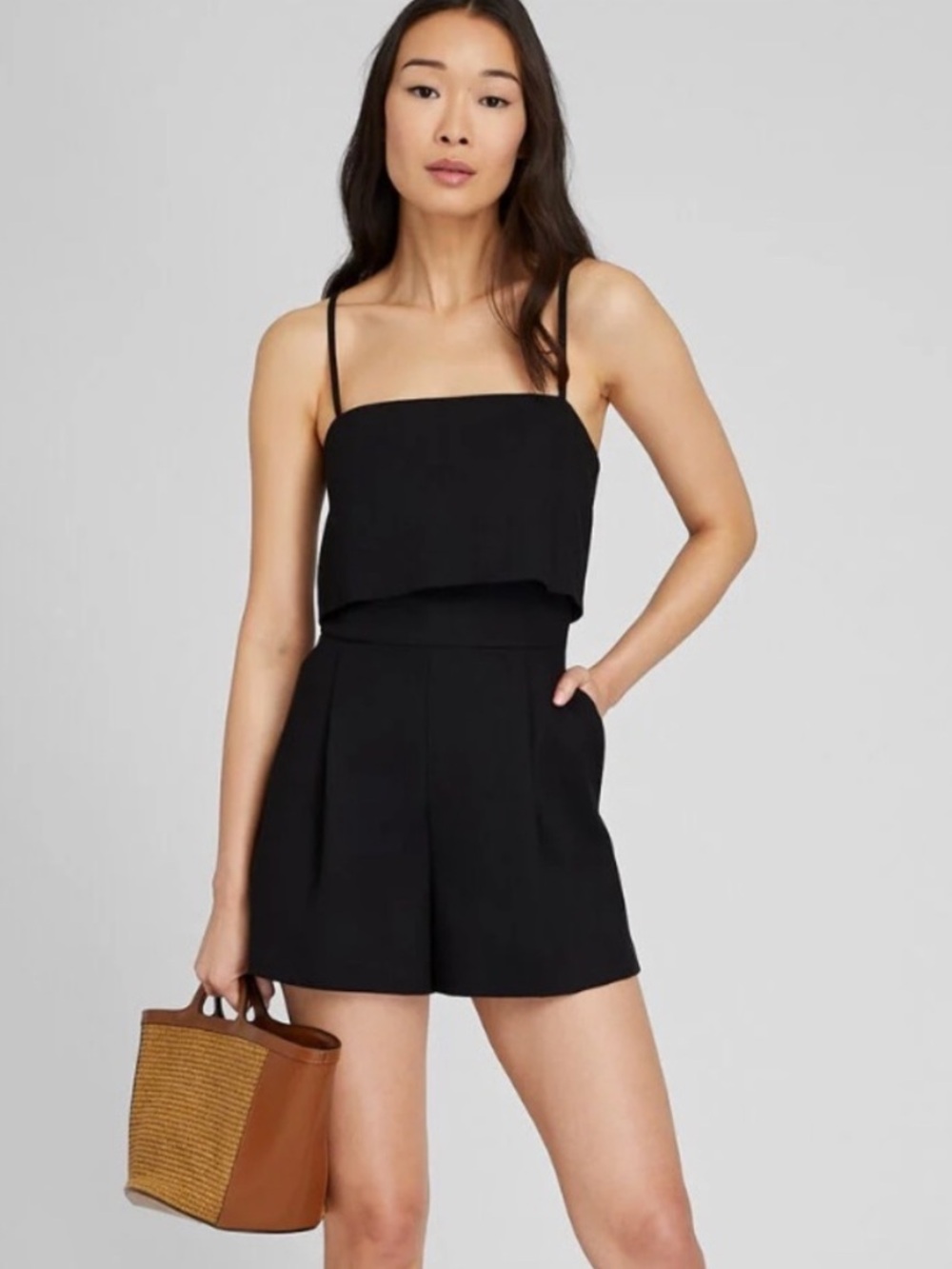 Club Monaco Piqué Romper In Black Textured Pockets, Spaghetti Strap, size 12
